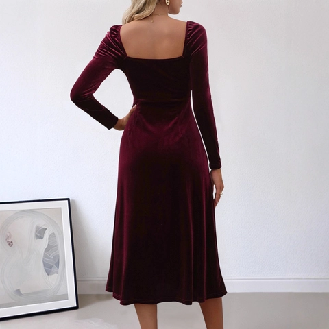 Women Elegant Wine Red Velvet Dress Sweetheart Neck Long Sleeve Side High Slit Slim Fit Maxi Dress For Evening Party Clubwear