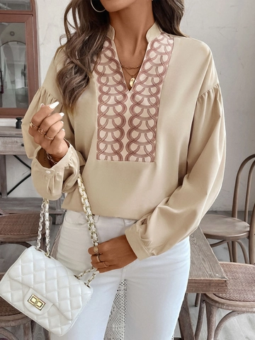 Chemise Femme Vintage Élégant Col Montant Motif Géométrique Ethnique Manches Longues Bouffantes Blouse Décontracté Bureau Printemps Top