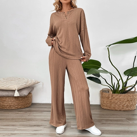 Damen Casual Strick Zweiteiler Texturiertes Langarm Knopf Top Und Weite Hose Lounge Outfits Herbst Lounge Sets