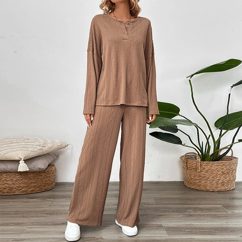 Damen Casual Strick Zweiteiler Texturiertes Langarm Knopf Top Und Weite Hose Lounge Outfits Herbst Lounge Sets