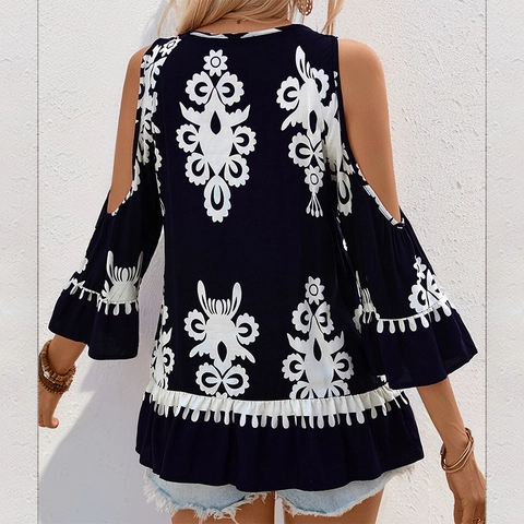 Damen Bohemian Schulterfreie Bluse Ethno Druck Spitze Quasten Bindung 3/4 Ärmel Sommer Casual Hemd Marineblau