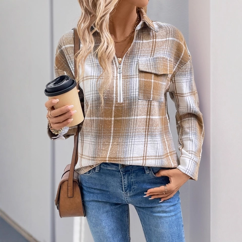 Blusa Casual a Cuadros para Mujer con Media Cremallera Vintage de Manga Larga con Solapa y Bolsillo Hombros Caídos Top Holgado de Otoño