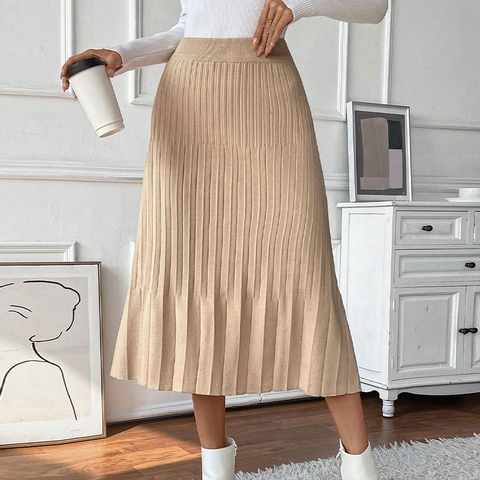 Elegante Gonna Midi Plissettata in Maglia da Donna Vita Alta Tinta Unita Calda Viscosa Nylon Poliestere Elastico Autunno Inverno