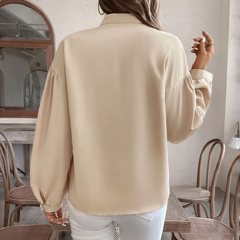 Women Elegant Apricot Long Sleeve Blouse Geometric Ethnic Print V Neck Stand Collar Lantern Sleeve Commute Shirt Top