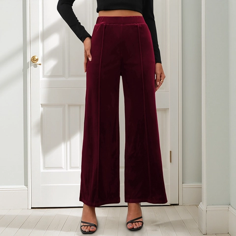 Pantaloni a Gamba Larga in Velluto a Vita Alta Donna Bordeaux Tinta Unita Pantaloni Lunghi Con Cucitura Decorativa Verticale