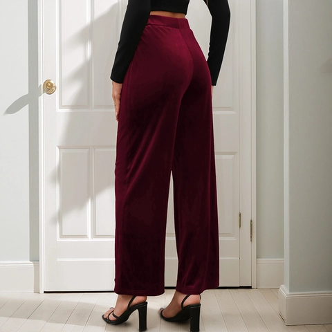 Pantaloni a Gamba Larga in Velluto a Vita Alta Donna Bordeaux Tinta Unita Pantaloni Lunghi Con Cucitura Decorativa Verticale