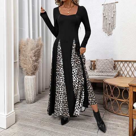 Women Elegant Leopard Print Patchwork Maxi Dress Square Neck Long Sleeve Slim Fit A-Line Autumn Long Dresses