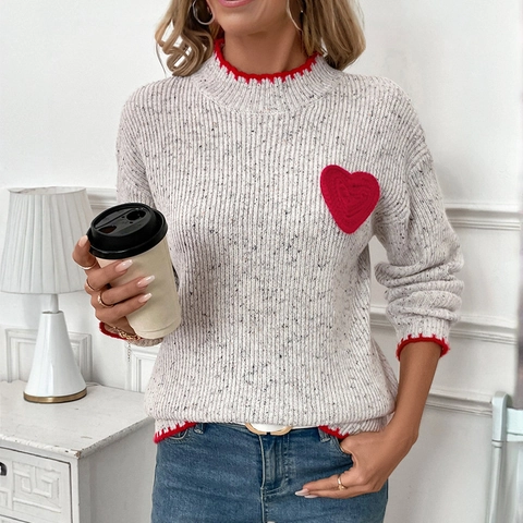 Pull Tricoté Décontracté Femmes Motif Cœur Bord Festonné Rouge Gris Manches Longues Pull Saint-Valentin Haut Doux