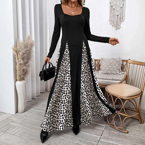 Women Elegant Leopard Print Patchwork Maxi Dress Square Neck Long Sleeve Slim Fit A-Line Autumn Long Dresses