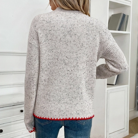 Pull Tricoté Décontracté Femmes Motif Cœur Bord Festonné Rouge Gris Manches Longues Pull Saint-Valentin Haut Doux