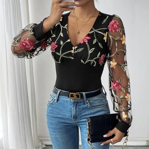 Bodysuit Femme Col en V Broderie Florale Mesh Manches Longues Élégant Coupe Ajustée Patchwork Noir Bodysuit Top pour Fête
