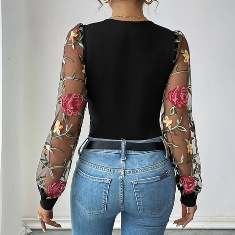 Bodysuit Femme Col en V Broderie Florale Mesh Manches Longues Élégant Coupe Ajustée Patchwork Noir Bodysuit Top pour Fête