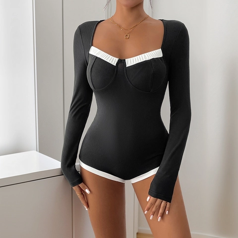 Elegant Contrast Binding Ribbed Knit Bodysuit For Women Square Neck Long Sleeve Slim Fit Patchwork Base Layer Jumpsuit Top