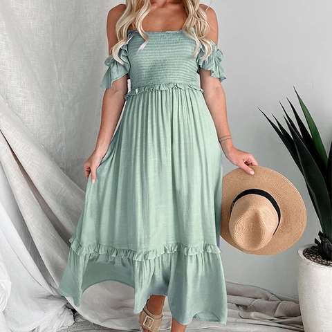 Women Sage Green Off-The-Shoulder Smocked Midi Dress Ruffle Hem Summer Vacation Viscose Strapless High Waist Elegant Dress