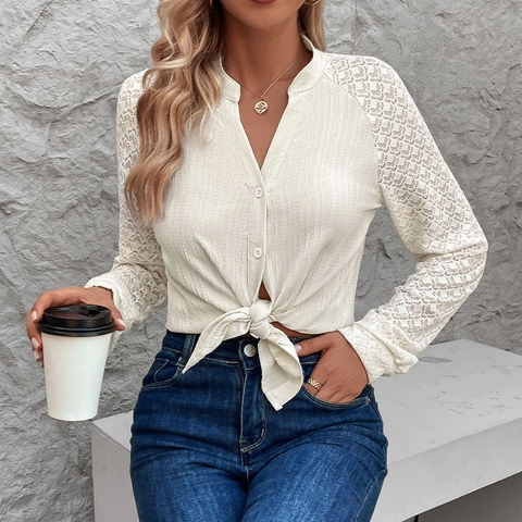 Damen Elegante Bluse Mit Spitzenbesatz Off-White Strukturiert Langarm Stehkragen V-Ausschnitt Hohlspitze Hemd Top