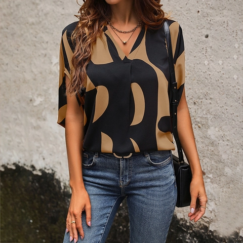 Camicetta da Donna con Scollo a V e Manica Corta Stampa Geometrica Astratta Pullover Casual in Raso Poliestere