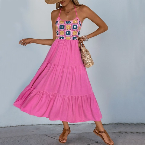 Dames Halter Rugloos Maxi Jurk Boheemse Haak Patchwork Stufenrok Viscose Zomervakantie Strand Lange Jurk Rozerood