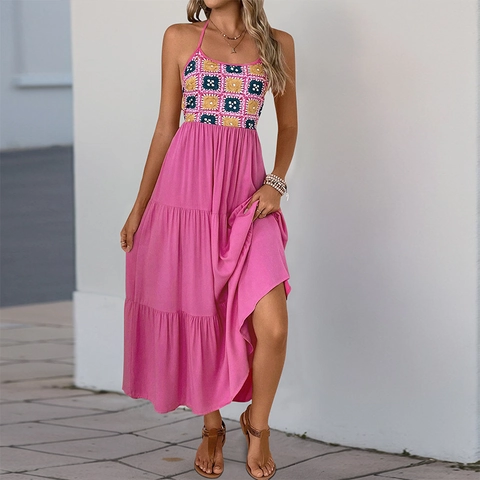 Dames Halter Rugloos Maxi Jurk Boheemse Haak Patchwork Stufenrok Viscose Zomervakantie Strand Lange Jurk Rozerood