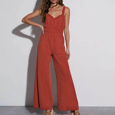 Dames Mouwloos Wijde Pijpen Jumpsuit Polyester Gesmokte Taille V-hals Rugloos Spaghettibandjes Casual Lange Romper