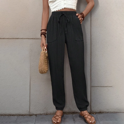 Pantaloni Jogger Casual da Donna a Vita Alta Texturizzati Tinta Unita Coulisse Tasche Pantaloni per Vacanze Estive Stile Boho