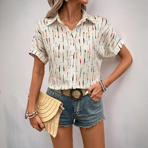 Women Casual Short Sleeve Lapel Blouse Abstract Colorful Line Print Button Down Shirt Summer Fashion Vacation Top
