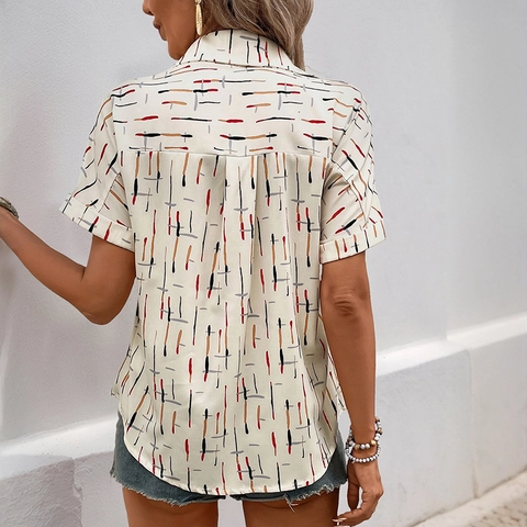 Women Casual Short Sleeve Lapel Blouse Abstract Colorful Line Print Button Down Shirt Summer Fashion Vacation Top