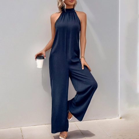 Elegant Polyester Halter Neck Backless Wide Leg Jumpsuit For Women Solid Color Sleeveless Long Jumpsuit With Large Bow Tie