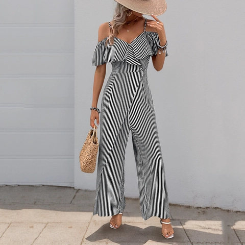 Women Striped Off Shoulder Ruffle Jumpsuit Sleeveless Wide Leg High Waist Summer Vacation Casual Elegant Long Romper