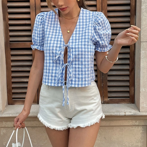 Women Gingham Puff Sleeve V-Neck Blouse With Bow Tie Front Summer Casual Short Sleeve Crop Top Vacation Retro Top