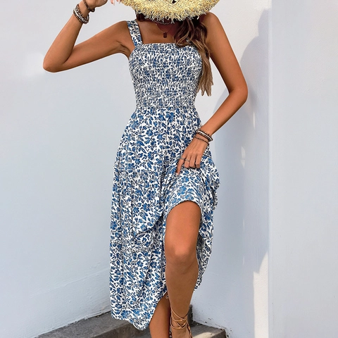 Women Floral Print Cami Maxi Dress Bohemian Smocked Square Neck Tiered A-Line Summer Vacation Beach Sundress