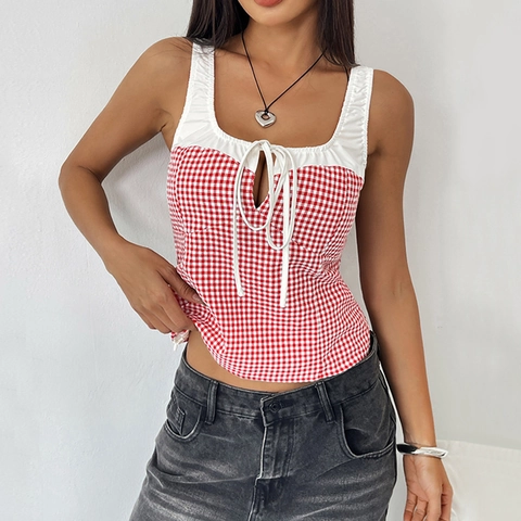 Canotta Patchwork a Quadretti Rossi Donna Dolce Intaglio Laccetti Senza Maniche Increspatura Scollo Quadrato Aderente Retro Gingham Top