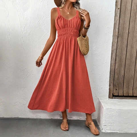 Women's V-Neck Smocked Waist Maxi Dress Sleeveless Pleated Backless Summer Vacation Beach Long Dress