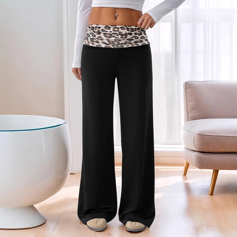 Damen Casual Leopardenmuster Umklappbarer Tiefe Taille Weites Bein Hose Polyester Patchwork Schwarz Schlaghose Streetwear Lange Hose