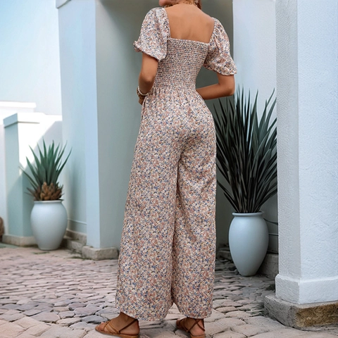 Damen Blumenmuster Jumpsuit Eckiger Ausschnitt Puffärmel Gesmokt Weites Bein Lange Hose Sommer Casual Urlaub Jumpsuit Für Damen