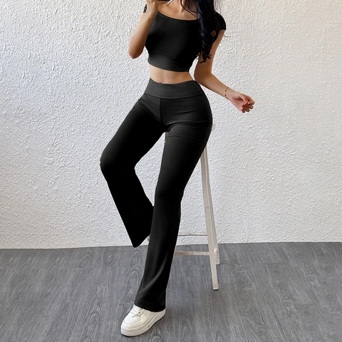 Damen Rippstrick Schulterfrei Kurzarm Crop Top Und Hohe Taille Schlaghose Lässig Zwei Teile Outfits