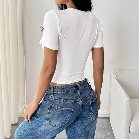 Women Slim Fit White T-Shirt Rhinestone Heart 3D Satin Bow Round Neck Short Sleeve Polyester Viscose Spandex Casual Top