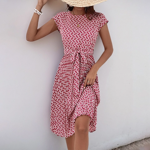 Women's Elegant Geometric Print Pleated Midi Dress Round Neck Short Sleeve A-Line Vacation Dress With Tie Waist Belt