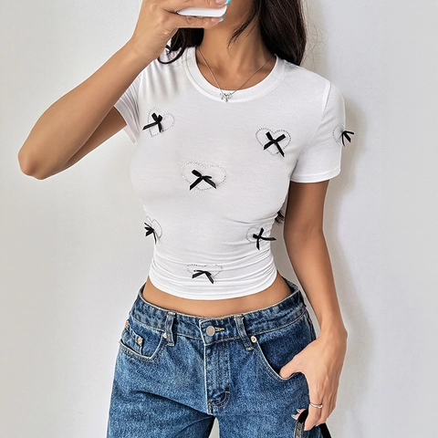 Women Slim Fit White T-Shirt Rhinestone Heart 3D Satin Bow Round Neck Short Sleeve Polyester Viscose Spandex Casual Top