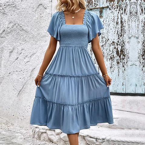 Women Summer Smocked Tiered Midi Dress Square Neck Flounce Sleeve Solid Color Elegant Bohemian Casual Viscose Sundress