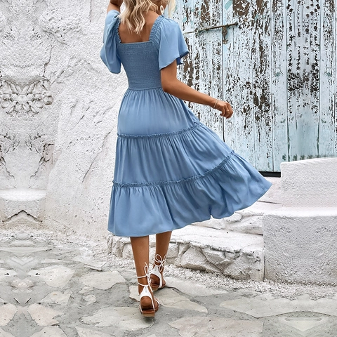 Women Summer Smocked Tiered Midi Dress Square Neck Flounce Sleeve Solid Color Elegant Bohemian Casual Viscose Sundress