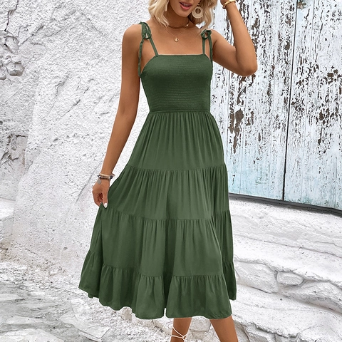 Women Casual Viscose Smocked Midi Dress Tiered A-Line Spaghetti Strap Tie Shoulder Summer Vacation Boho Sundress