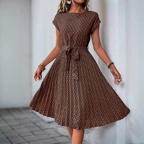 Women's Elegant Geometric Print Pleated Midi Dress Round Neck Short Sleeve A-Line Vacation Dress With Tie Waist Belt