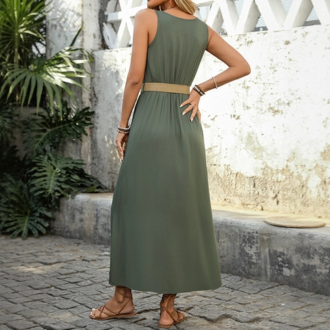 Women Casual Sleeveless V Neck Maxi Dress With Woven Belt Solid Color Front Button High Split Vacation Summer Dress