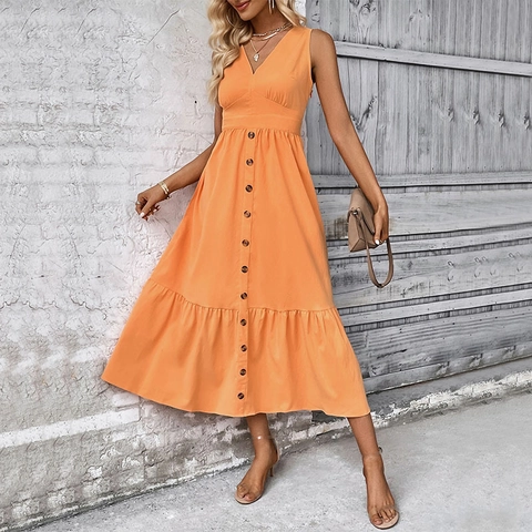 Summer V-Neck Sleeveless Backless Maxi Dress Elegant Single Breasted A-Line Ruffle Hem Solid Color Orange Beach Dress