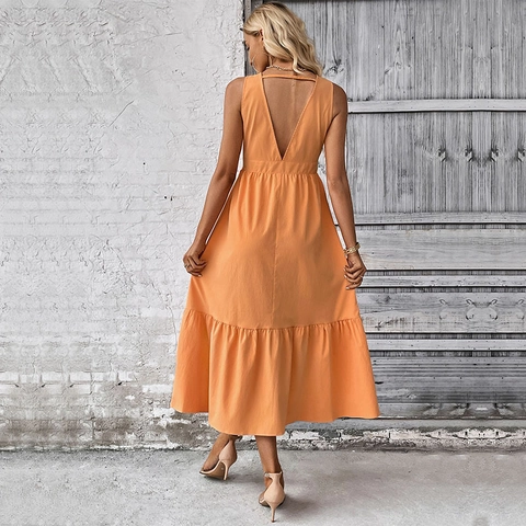 Summer V-Neck Sleeveless Backless Maxi Dress Elegant Single Breasted A-Line Ruffle Hem Solid Color Orange Beach Dress