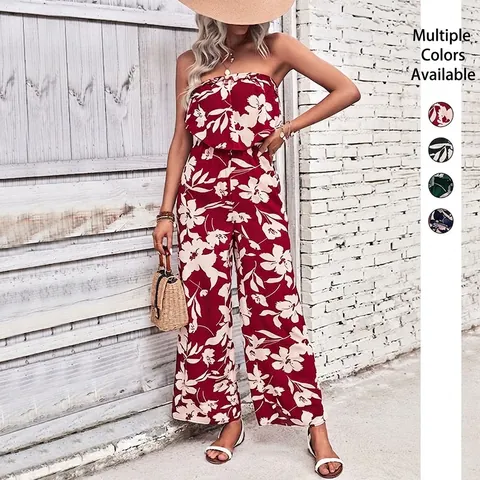 Damen Sommer Trägerlos Blumendruck Jumpsuit Weites Bein Boho Strand Ärmellos Rüschen Einteiler Casual Urlaub Jumpsuit