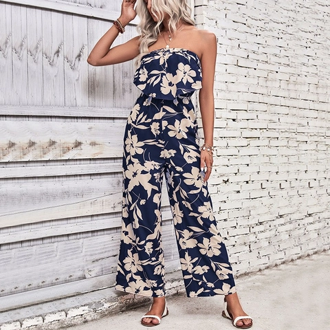 Damen Sommer Trägerlos Blumendruck Jumpsuit Weites Bein Boho Strand Ärmellos Rüschen Einteiler Casual Urlaub Jumpsuit