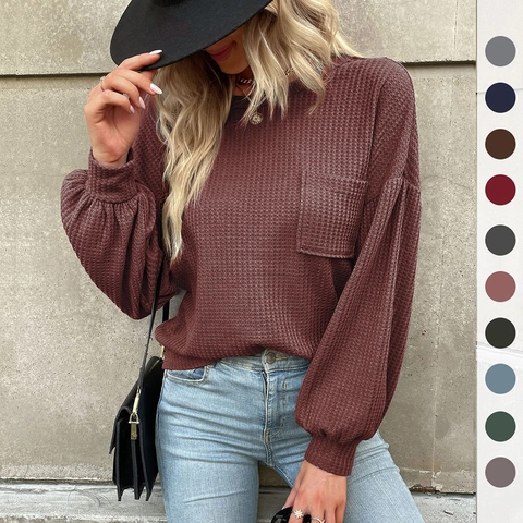 Damen Lässig Waffelstrick Langarm Top Rundhals Rückenfrei Kreuzbindung Laternenärmel Pullover Mit Tasche
