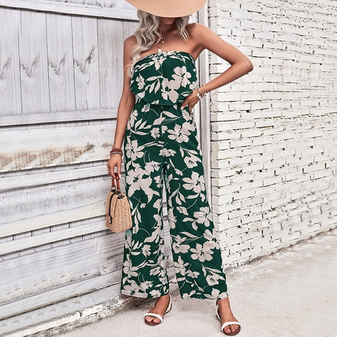 Dames Strapless Jumpsuit Met Bloemenprint Wijde Pijpen Off Shoulder Bohemian Vakantie Stijl Polyester Mouwloos Zomer Eendelig