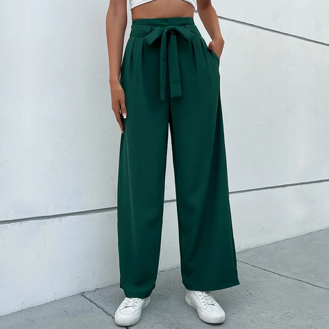 Pantaloni a Gamba Larga a Vita Alta Donna Con Cinturino da Annodare Elegante Tinta Unita Casual Pantaloni per Ufficio